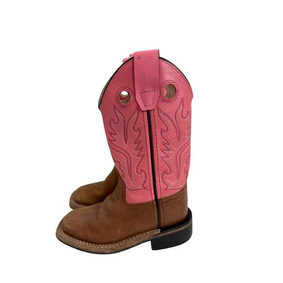Old West Girls Pink & Brown Leather Cowboy Boots Kids 9D Square Toe - Picture 6 of 7